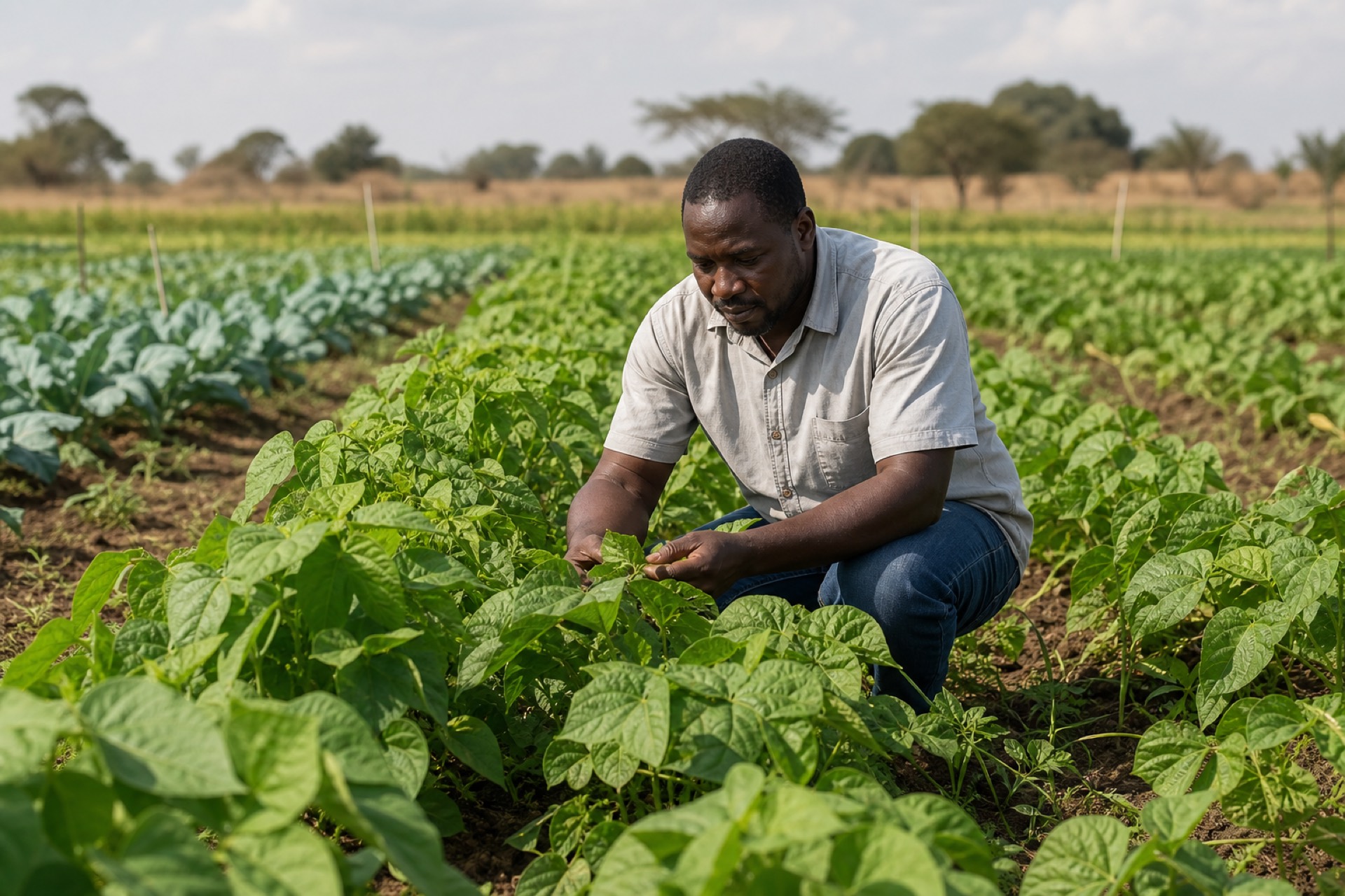 A farm worker inspecting plants in a crop row