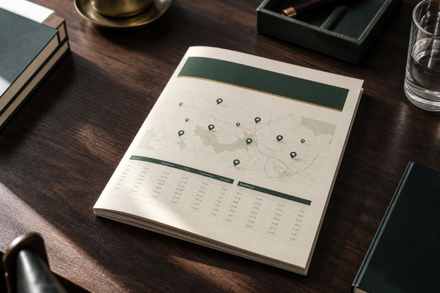Printed coverage pack with a map of pins and a table on a desk