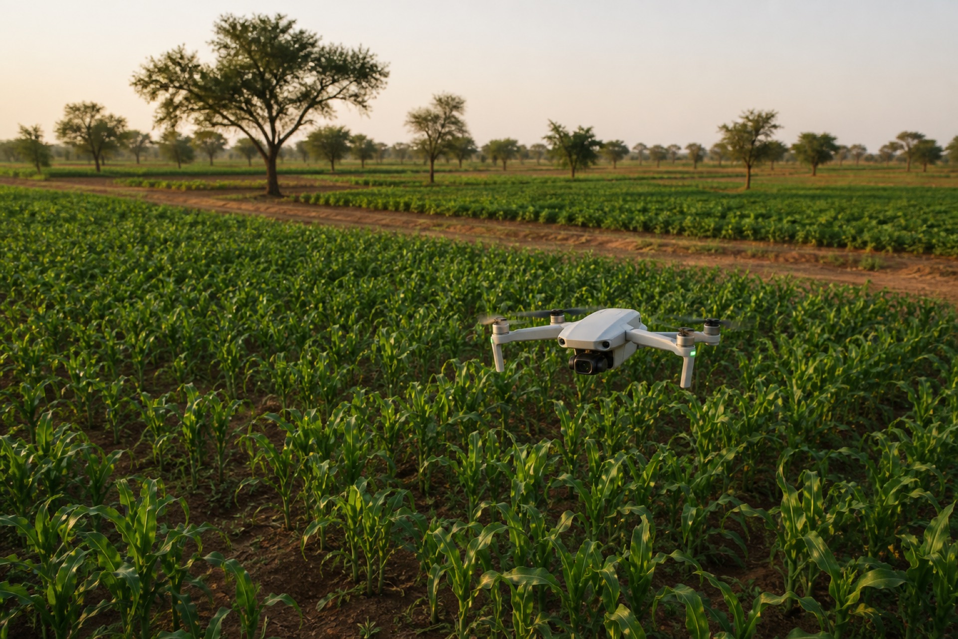 A small drone flying a scout pass over crop rows