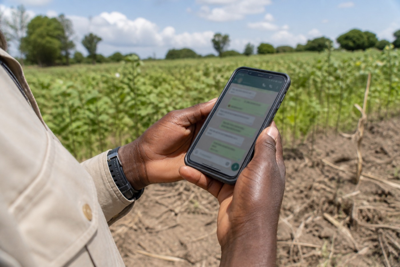 Hands holding a phone in a crop field; chat bubbles are illustrative and unreadable